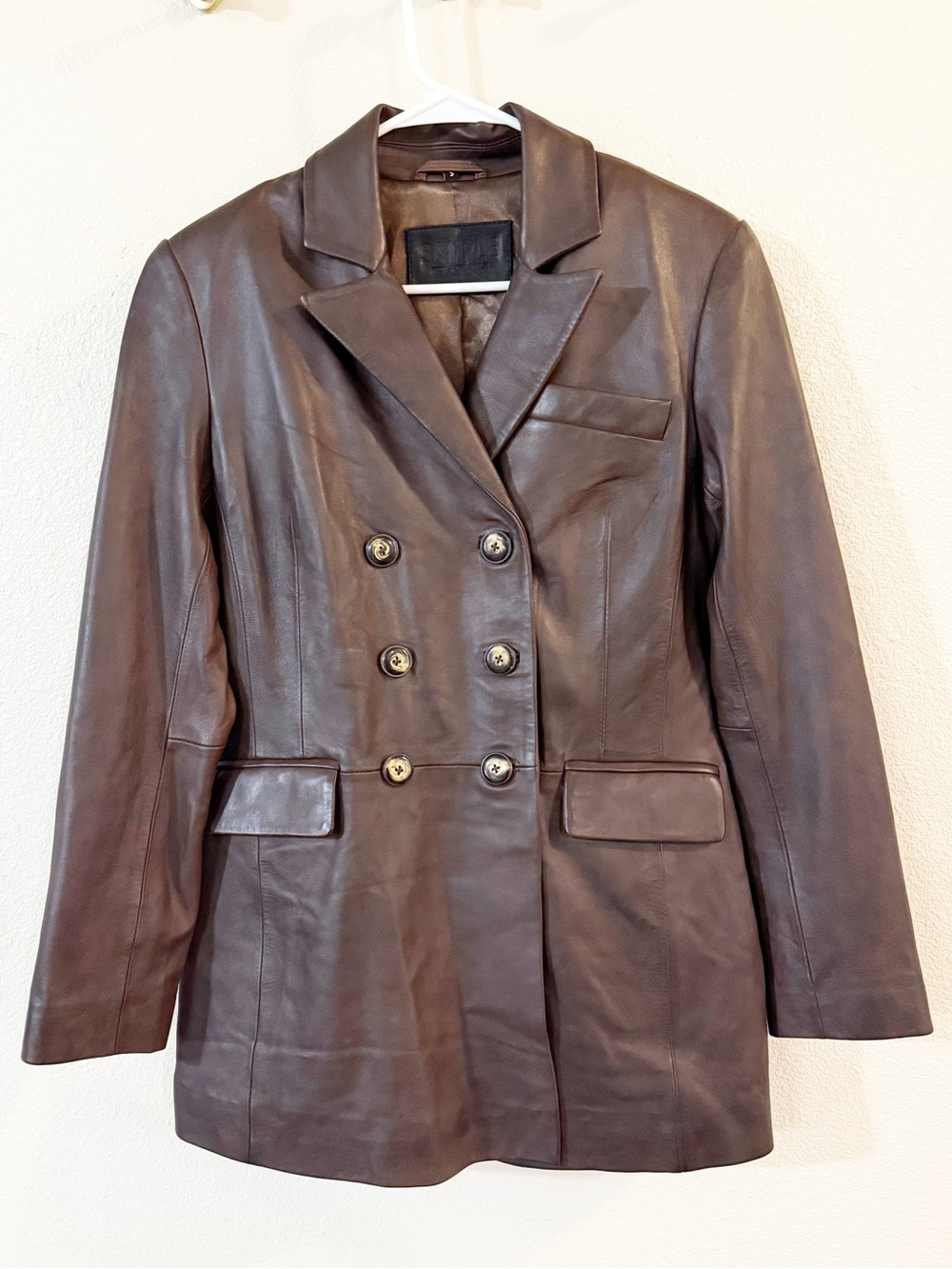 Avec Les Filles Vegan Faux Leather Double Breasted Fitted Longline Blazer Jacket